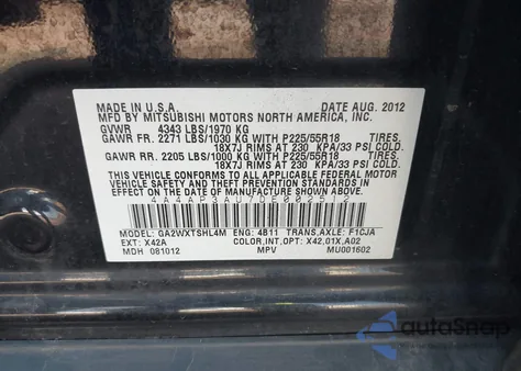 2013 Mitsubishi Outlander Sport Es from USA, damaged, VIN 4A4AP3AU7DE002512